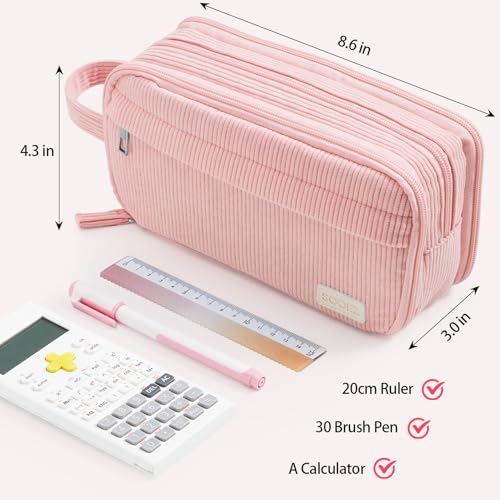 Image of Sooez High Capacity Pencil Case, Soft Corduroy Pencil Pouch with 4 Compartments, Multiple Pockets, Large Pencil Bag with Sturdy Zipper, Cute Pencil Case Pouch Organizer for Student Teen Girls, Pink
