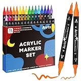 Arrtx Acrylic Pens Paint Markers 32 Colors, Dual Tip Acrylic Paint Markers with Brush Tip and Fine Tip, Art Supplies for Rock Painting, Wood, Ceramic, Fabric, Glass, DIY Crafts