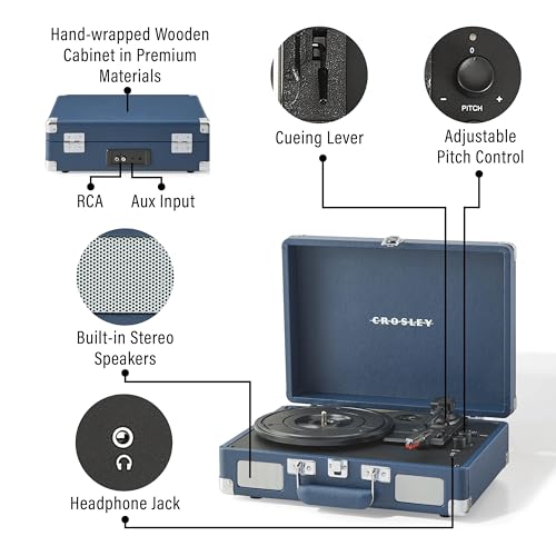 Image of Crosley CR8005F-IB Cruiser Plus Record Player, Ink Blue | 3-Speed Turntable, Bluetooth In / Out, Built-in Stereo Speakers, Isolated Internal Speakers Minimize Vibration