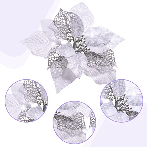 Geosar 72 Pieces 3/4/6 Inches Christmas Artificial Glitter Poinsettia Flowers Ornaments Xmas Flowers Wedding for Christmas Tree Ornaments(Silver) - Image 2