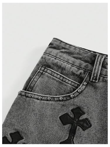 WDIRARA Women's Cross Embroidered Low Rise Mini Denim Skirt Grunge Punk Jean Skirt3