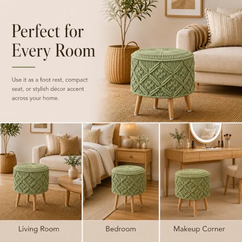 Image of Macrame Ottoman for Living Room | Handcrafted Woven Foot Rest Stool with Solid Wooden Legs | Pouffe for Sitting, Foot Stool for Bedroom & Home Decor | 16x16x18 Inch (Light Green)