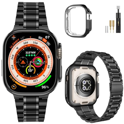 Image of MioHHR Solid Stainless Steel Band Compatible with Apple Watch 49mm Ultra 3 /2 /1, Metal Strap with Soft TPU Case for iWatch Series Ultra 3 /2 /1 49mm Women and Men, Black