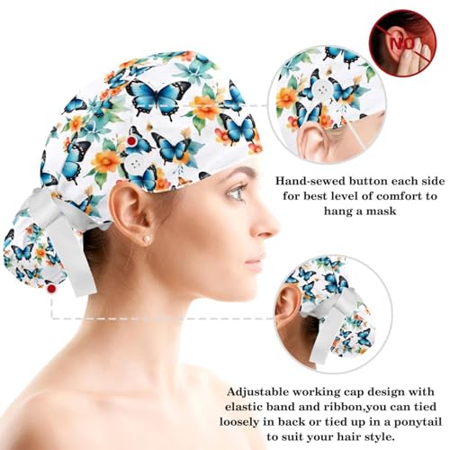 Image of Colored Butterflies Scrub Caps Women Ponytail, Adjustable Bouffant Surgical Caps with Button, Nurse Hats Long Hair