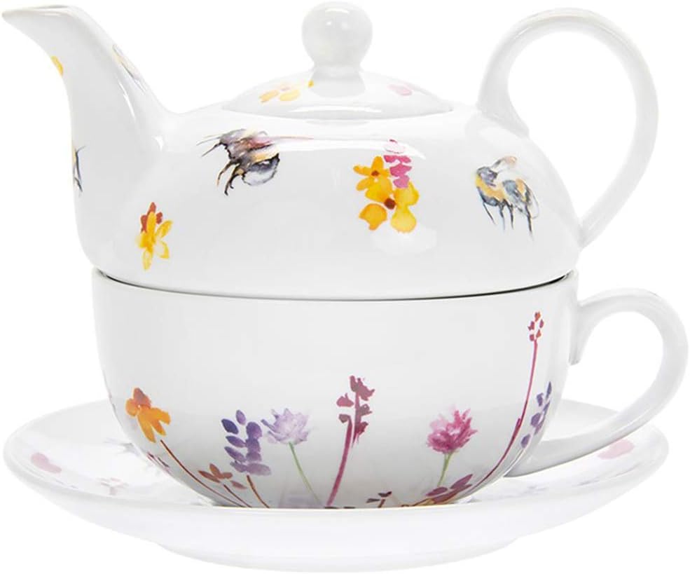 The Leonardo Collection Tea for One Teapot Pot Cup and Saucer Serving Set Pretty Water Colour Busy Bees Design by Jennifer Rose Gallery, Multi, JNS_469541