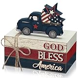 Yuntau 4 Pcs Labor Day Table Decorations Patriotic Wooden Signs Red White Blue Books Stack God Bless America Tiered Tray Decor Rustic Farmhouse 4th of July Decor for Home Office Desk Shelf
