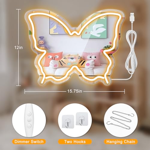 Image of Butterfly Neon Sign Mirror, LED Neon Signs for Wall Decor, 15.7'' x 12'' Dimmable Neon Light for Teen Girls & Kids Birthday Party Gift, Neon Sign for Girl Room Decor, Wall Mirror, USB Powered (Warm White)