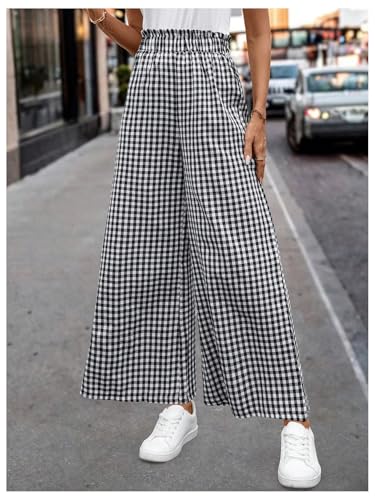 MakeMeChic Women's Gingham Palazzo Long Pants Elastic Waist Wide Leg Frill Trim Straight Loose Trousers3