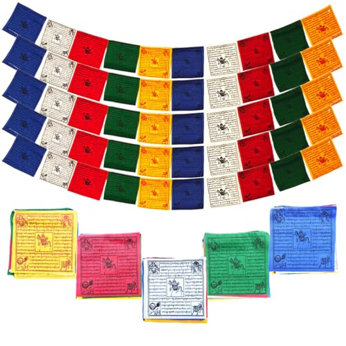 Authentic Tibetan Prayer Flags - 5 Rolls 50 Flags (8.25x8.25) Total (11 Meters Long) Buddhist Prayer flags - Hand-Printed Cotton blend Blessed by a Monk in Nepal - Indoor/Outdoor Decoration World Peace Flags Positive Energy