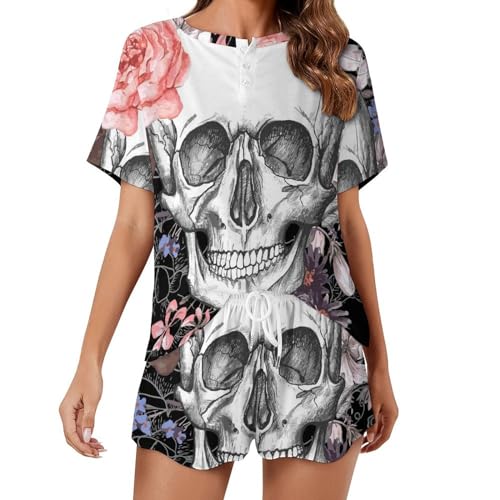 Ensemble pyjama femme blanc imprimé crâne : vêtement de nuit léger et fluide pour l'été