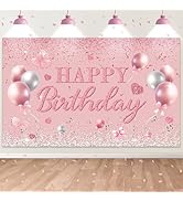 Rose Gold Bow Birthday Backdrop,Bow Happy Birthday Banner Decorations for Girls Women Party Decor