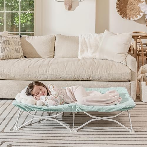 Image of Regalo My Cot Portable Toddler Bed with Fitted Sheet, Foldable Kids Travel Bed & Camping Cot, Includes Washable Quilted Sheet, 48 inch x 24.5 inch x 9 inch, Seafoam