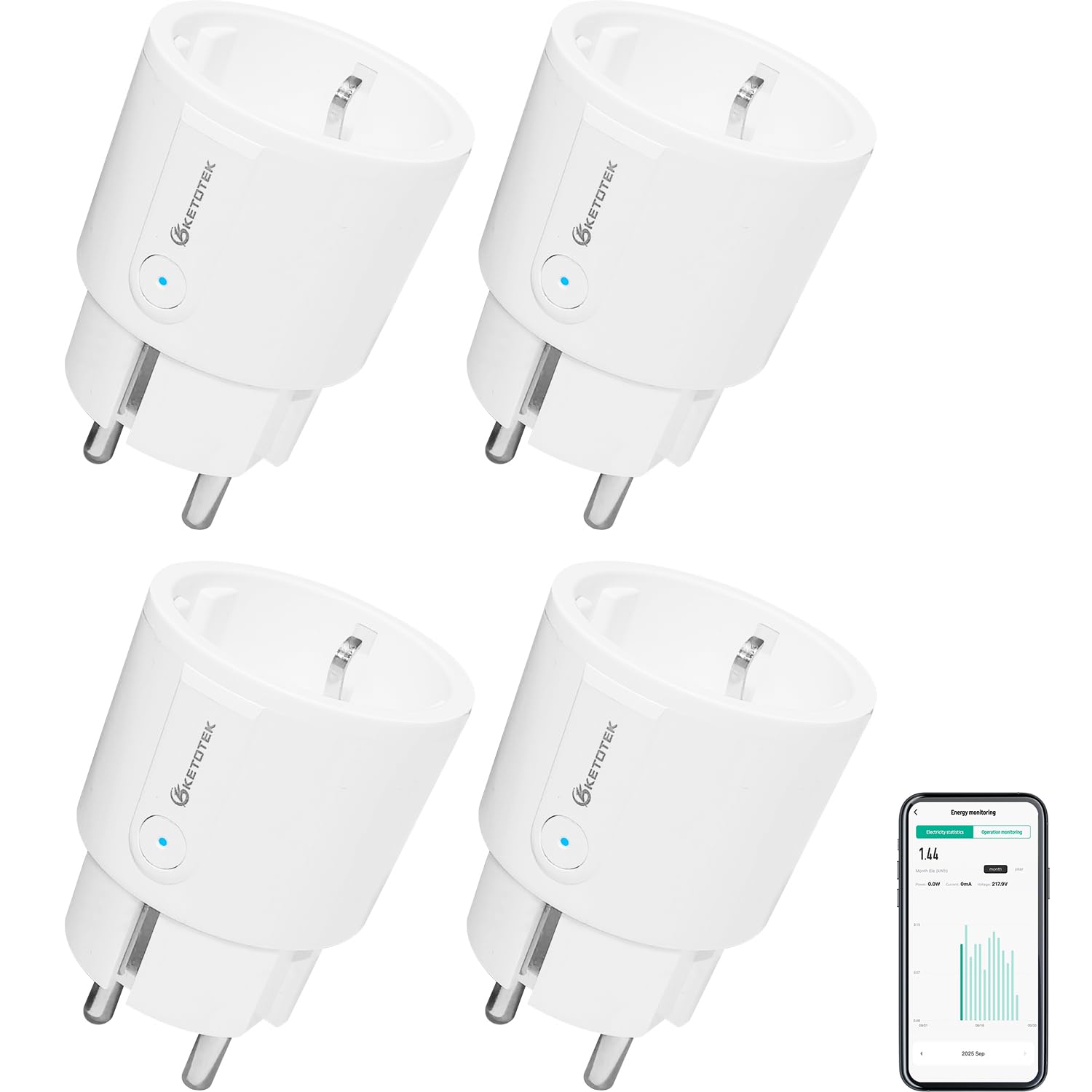 KETOTEK Enchufe Inteligente WiFi Mini, Monitor de Energía, Control App/Voz | Tomada Inteligente Programable con Temporizador, Control Remoto, Smart Plug Compatible con Alexa y Google Assistant, 4 PCS