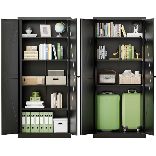 Image of INTERGREAT Metal Storage Cabinet with Magnetic Doors, 63 inch H Traditional European Style Metal Cabinets with 2 Doors and 4 Adjustable Shelves (Pure Black)