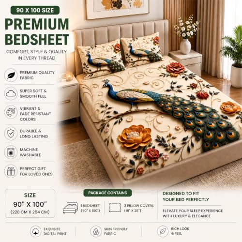 Image of DECORUM Premium Digital Printed BEDSHEET (90 X 100) Inch with 2 King Size Pillow Covers - HIGH-Definition Design & Superior Comfort (Heavy Quality) BEDSHEET Royal Peacock Elegance