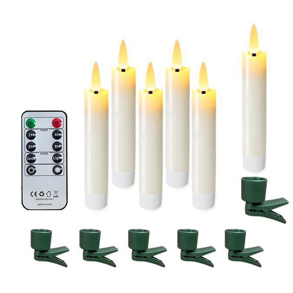 Vjsujehgy Flameless 6Pcs LED Taper Candles Light Set 3D Wick Candles Clip-on Christmas Tree with Remote Timer for Home Decor