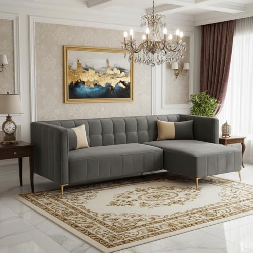 Image of SOCOZI Stylluxe 6 Seater Velvet Fabric RHS L Shape Sofa Set for Living Room |Fabric L Shape Sofa Set for Home & Office (Light Grey)