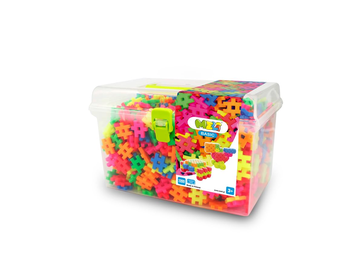 Meli Neon Basic Travel Box - 1000 bloques de construcción en colores neón para niños a partir de 3 años, juego de bloques de construcción para fomentar la creatividad y la motricidad fina, 2 cm x 2 cm