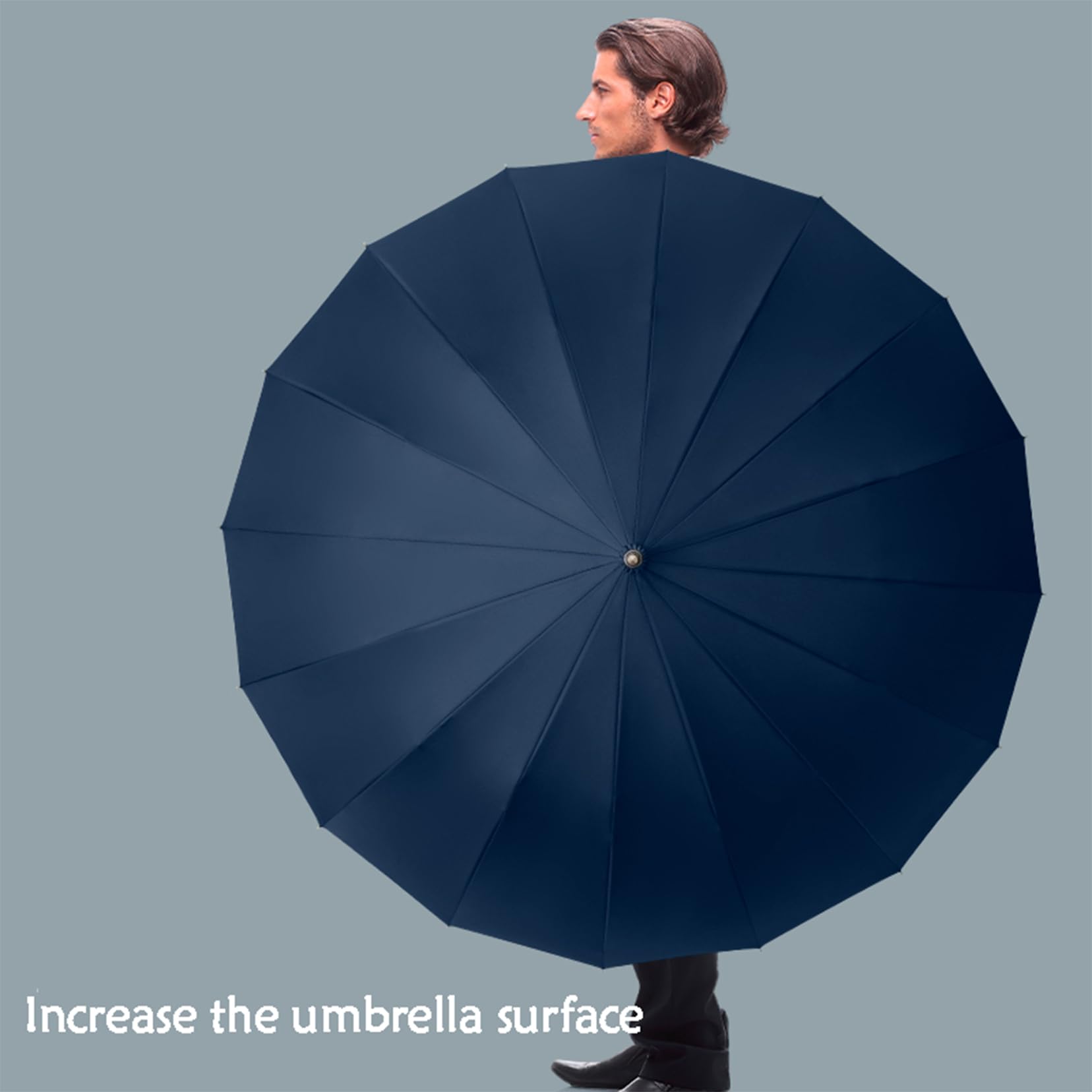 Paraguas a prueba de viento con 16 varillas y doble capa, apertura automática con mango de madera, paraguas recto para lluvia y palos, paraguas retro grueso a prueba de viento y lluvia