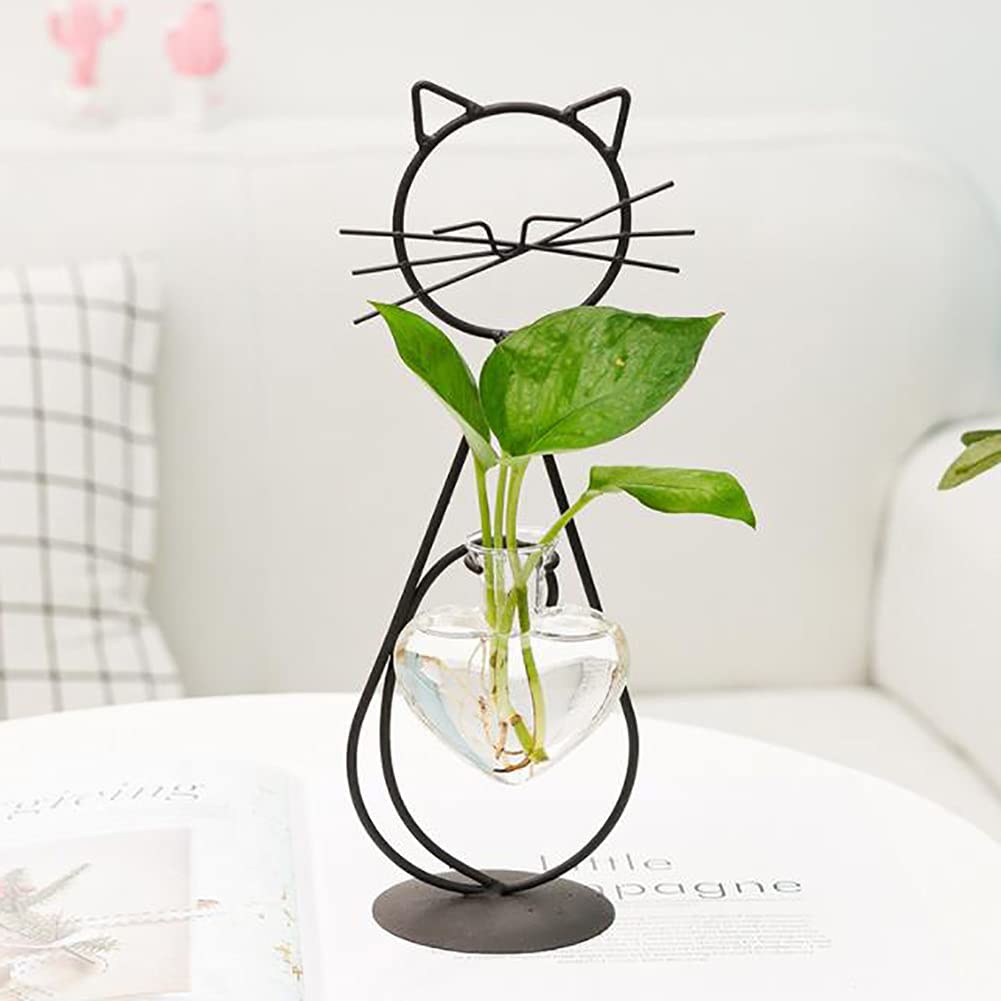 URMAGIC Clear Heart Shape Glass Hanging Vase with Super Cute Cat Metal Stand for Hydroponics Plants Home Garden Office Decoration
