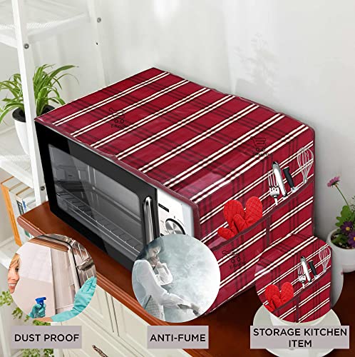 Image of PVC Waterproof 3-Layered Microwave Oven Top Cover With 4 Utility Pockets Suitable for Upto 30 Liter (Color- Red, Size-36x14 Inches)