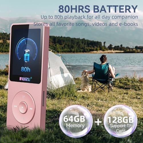 Image of RUIZU 64GB MP3 Player with Bluetooth 5.3, 1.8 inch Screen Portable Music Player, FM Radio, Voice Recording, EBook, Shuffle Single Loop, 80H Digital Audio Video Playback, Lightweight, Support 128GB TF Card
