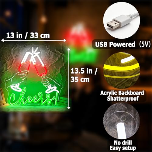 Image of Neon Sign, HSJNJKFU Cheers Neon Signs for Wall Decor Beer Signs for Man Cave, Party, Birthday, Home, Room Decor - Art Carving Design LED Light up Sign - USB Powered