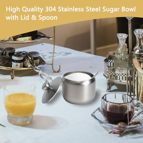 15oz Sugar Bowl with Lid And Spoon, Stainless Steel Sugar Creamer Container, Round Sugar Jar, Durable Sugar Pot for Coffee Bar Accessories, Coffee Bar Decor, Home and Kitchen Storage - Image 6