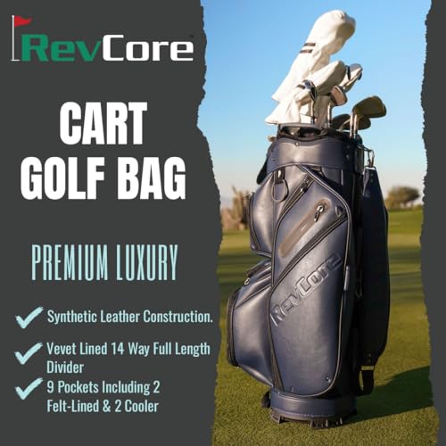 REVCORE Luxury Golf Cart Bag, Premium Synthetic Leather, 14 Way Dividers, Black Alloy Hardware, 9 Pockets w/2 Insulated Cooler, 2 Felt-Lined Valuable & Oversized Putter Well - Thumbnail 2