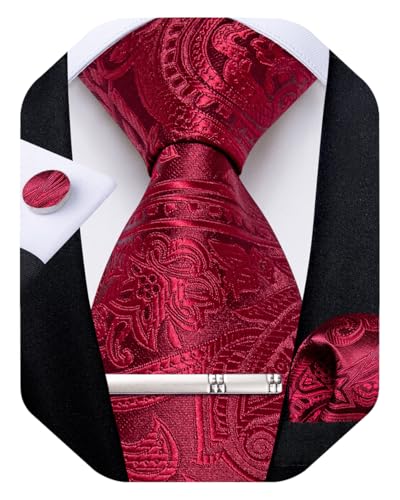 Image of DiBanGu Silk Floral Ties for Men Woven Paisley Necktie and Tie Clip Handkerchief Cufflinks Set for Party Wedding