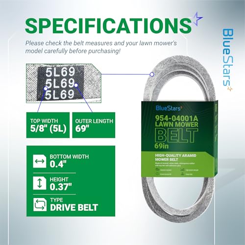 Image of BlueStars 954-04001A 754-04001A Lower Drive Belt Aramid Cord 5 /8 inchx 69-3 /16 inch | Drive Belt for Troy-Bilt Pony MTD Cub Cadet Yard Machines Columbia Lawn Mower Tractor Replacement 954-04001 754-04001