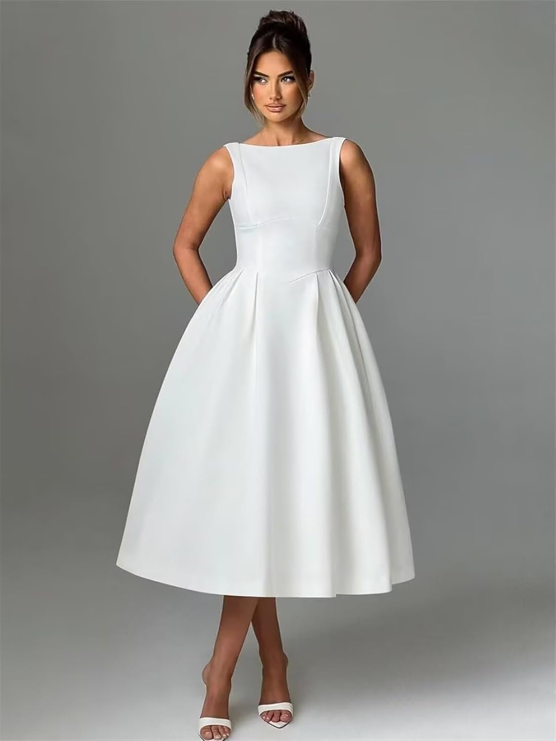 A Line Tea Length Satin Formal Cocktail Dress, Midi Prom Dress Evening Party Gown Scoop Back - Image 5