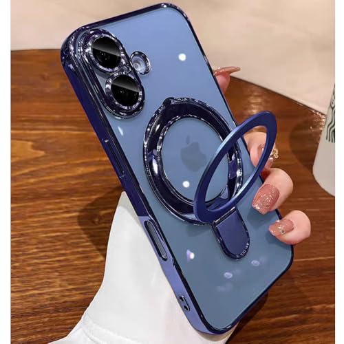Image of Magnetic Ring Case for iPhone 16 Case Kickstand Compatible with MagSafe Built-in Camera Lens Protector Shockproof Phone Case for iPhone 16 6.1 inch - Deep Blue