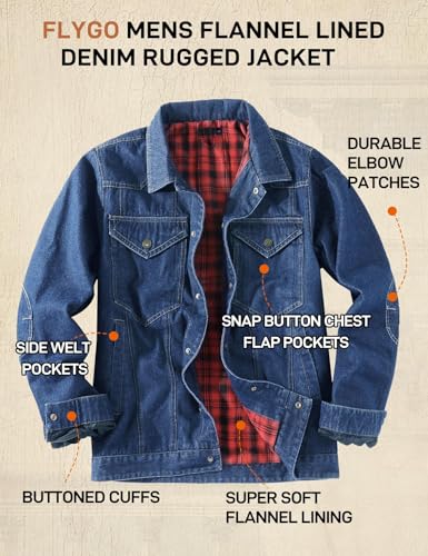 Flygo Mens Flannel Lined Denim Jacket Snap Cowboy Cut Western Classic Slim Fit Vintage Heavy Duty Jacket Trucker Coat