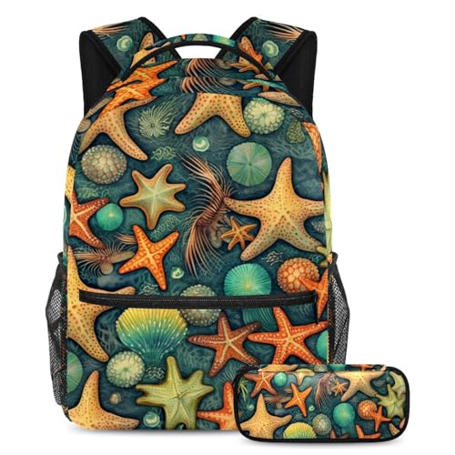 Cartable grande capacité motif étoile de mer avec trousse pour adolescent