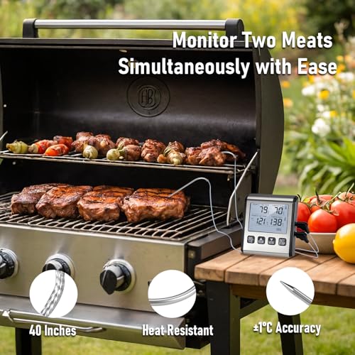 Doppelsonden Fleischthermometer Digital,Digitales Grill-Thermometer zwei Edelstahlsonden, LCD Bildschirm & Alarm,Temperaturbereich bis 300°C,Bratenthermometer für Wohnmobil Küche,BBQ,Smoker