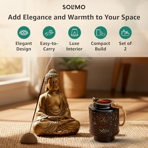 Image of Amazon Brand - Solimo Tea Light Lantern - Round Mandala Design with Handle, Black Iron with Gold Interior, Set of 2 (Size: L-10 cm x W-10 cm x H-13 cm)