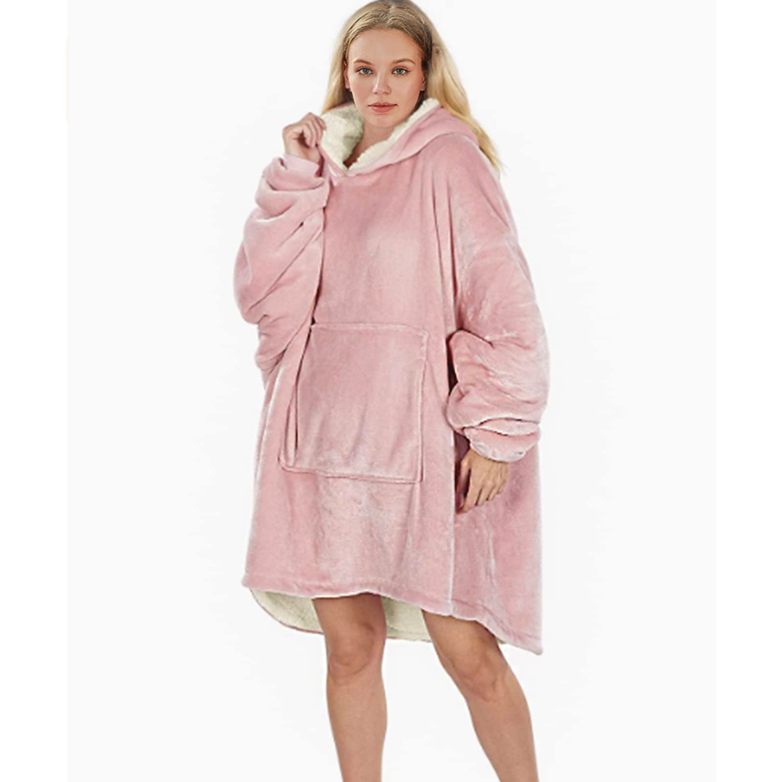 Wearable Blanket Hoodie for Women and Men Plush Warm Cozy Oversized Hoodie Blanket Fleece Blanket Comfort Fluffy Hooded Sweatshirt with Sleeves and Giant Pocket (Pink)