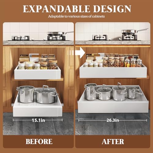 4 Pack Expandable Pull Out Cabinet Organizer 21"Deep With Raising Pad for Framed Cabinets,Upgrade 3 Slide Rails Slide Out Drawers,No Drill Roll Out Shelves,Adjustable Width 15.1"-26.3" White