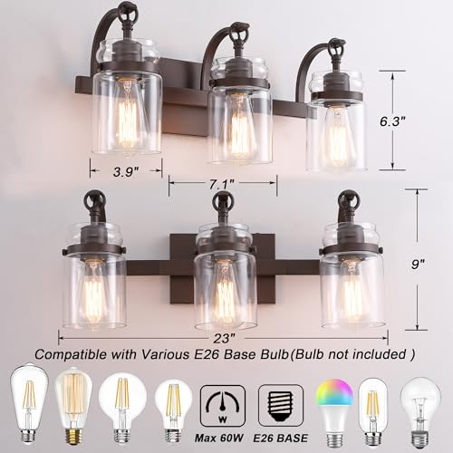 Image of 3 Light Bathroom Vanity Light, Oil Rubbed Bronze Bathroom Light Fixtures Over Mirror, Farmhouse Vanity Light with Clear Glass Shade