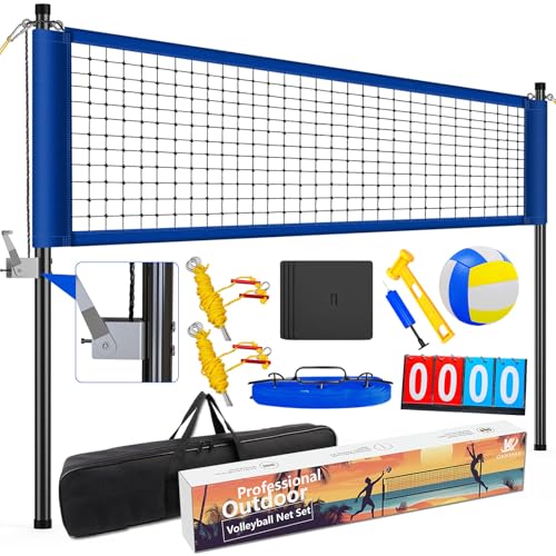 Juego de red profesional de voleibol para exteriores con postes ajustables y diseño anticaída, red de voleibol portátil que incluye placa fija de playa, marcador, línea de límite y bolsa de transporte