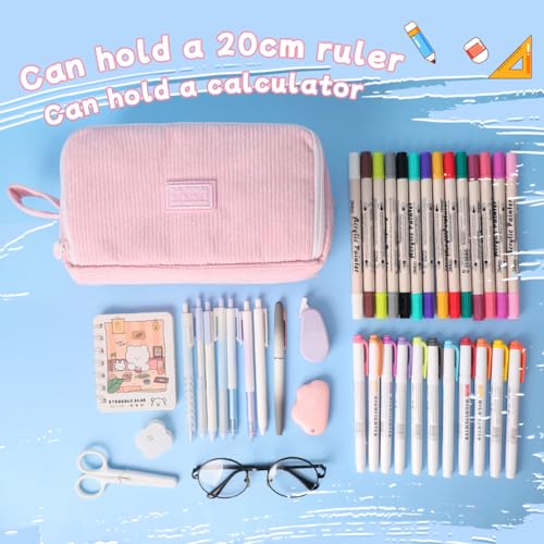 Image of iSuperb Big Capacity Corduroy Pencil Case 3 Compartments Pen Pouch Simple Organizer Bag Large Capacity Pencil Box for Adults (Pink)