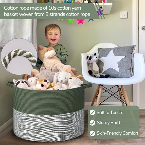 Image of INDRESSME 115L Extra Large Cotton Rope Blanket Basket, Home Decor Laundry Storage Basket for Organizing Bedroom, Living Room, Nursery, Toy Storage for Colthes Towel, Green