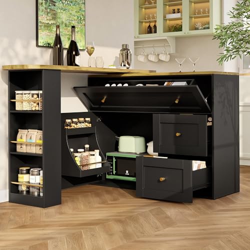 SogesHome Ausziehbarer Bartisch 138–204 cm – Küchenschrank & Sideboard mit Stauraum, Snackregal, 360° drehbar, Klappschubladen, Teleskopischer Stehtisch Kücheninsel (schwarz)