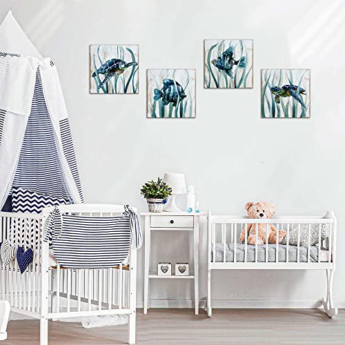 Coastal Wall Art Beach Sea Turtle Fish Canvas Pictures Bathroom Wall Decor Nautical Themed Rustic Teal Ocean Animals Painting For Living Room Kids Bedroom Nursery Artworks Home Decoration 12X12" 4 Pcs #TOP2