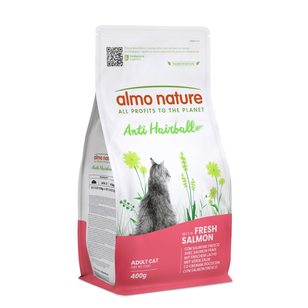 Almo Nature Anti Hairball - Adult Cat Kibble with Fresh Salmon, with a Blend of Vegetable Fibres to Counteract the Formation of Hairballs - 400g Bag