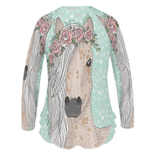 QUGRL Girls Rash Guard Long Sleeve One Piece Swimsuits Horse Flowers Zipper Girl Bathing Suits Size 9-10 Green Spring UV Swimwear Stand Collar3
