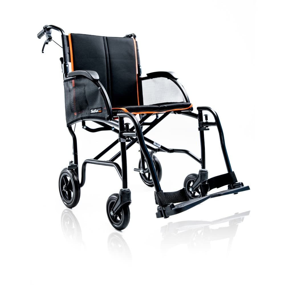 FeatherMobility - 13lb Frame - Black Lightweight Folding Transport Chair - with Handbrakes - 300 lb Capacity