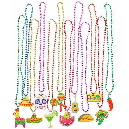 Cinco de Mayo Party Favors 12PCS Fiesta Necklace Bead Favors Mexican Metallic 12 Kinds of Cinco de Mayo Necklace Decorations Fiesta Cactus Maracas Accessories for Mexican Carnival Party Supplies