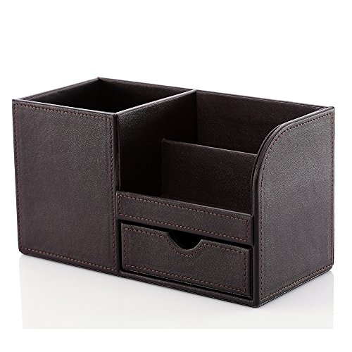 KINGFOM PU Leather Desk Organizer Office Accessories Collection Storage Box, 3 Compartments Pen Pencil Holder with Small Drawer (Brown)